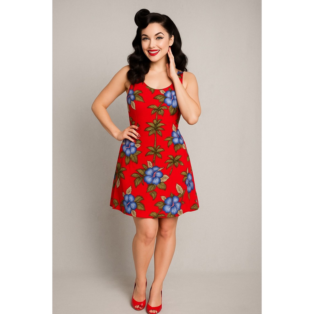 Caribbean Joe Dress Womens PS Petite Red Tank Floral Hawaiian Beach Retro Pin Up